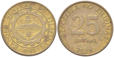 Филиппины 25 сентимо 2004 KM 271a сталь плакированная латунью 4614-531