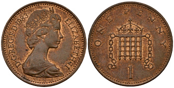 Великобритания 1 пенни 1983 Елизавета II (1952-2022) KM 927, Spink 4238 (B2) бронза 4602-113