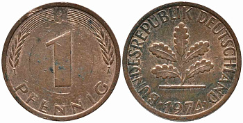 ФРГ 1 ПФЕННИГ 1974 J KM 105, J. 380 сталь плакированная медью 112-137