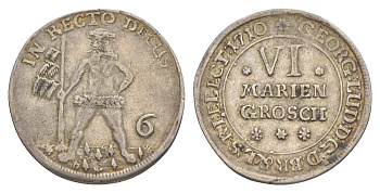 Брауншвейг-Каленберг-Ганновер 6 мариенгрошей 1710 дикарь, Георг I (1698-1727), из коллекции Ричарда Б. Смита KM 11, Welter 2179 серебро 1525-524