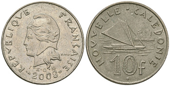 Французская Новая Каледония 10 франков 2008 рыбачья парусная лодка, (IEOM) KM 11a, Schoen 13a, Lec 99k медно-никель 60-746