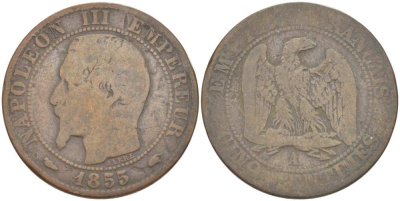 Франция 5 сантимов 1855 A, Наполеон III (1852-1870) KM 777.1, LE FRANC 116.16 бронза 217-156