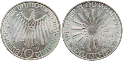 ФРГ 10 МАРОК 1972 G, ОЛИМПИАДА, СПИРАЛЬ J 401b, KM 134.1 серебро aUNC 1522-334