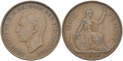 Великобритания 1 пенни 1938 Георг VI (1936-1952) КМ 845, Spink 4114 бронза 3460-614
