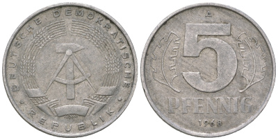 ГДР 5 пфеннигов 1968 А KM 9.1 алюминий 4625-148