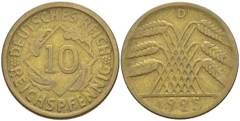 ГЕРМАНИЯ 10 РЕЙХСПФЕННИГОВ 1925 D KM 40, J. 317, Weege 9 алюминиевая бронза 210-346