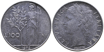 ИТАЛИЯ 100 ЛИР 1972 R, АФИНА KM 96.1 нержавеющая сталь 3334-943