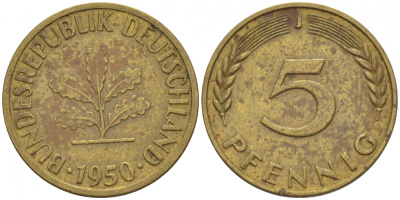 ФРГ 5 ПФЕННИГОВ 1950 J KM 107, J.382 сталь плакированная латунью 112-937