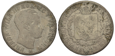 Пруссия 1/6 талера 1822 A, Фридрих Вильгельм III (1797-1840) KM 411 серебро 1519-1413