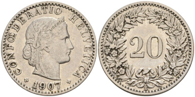 Швейцария 20 раппенов 1907 B KM 29 никель 4606-741