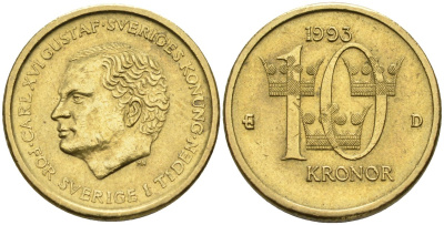 Швеция 10 крон 1993 B, Карл XVI Густав (1973- ) KM 877 медь алюминий цинк UNC 4592-215