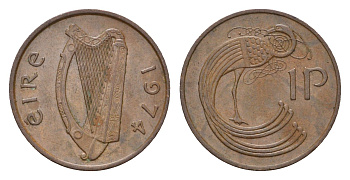 Ирландия 1 пенни 1974 мифологическая птица лира KM 20 бронза 4690-356