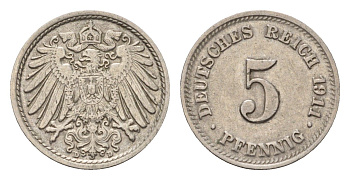 Германия 5 пфеннигов 1911 D, Вильгельм II (1888-1918) KM 11, J. 12 медно-никель 4636-221