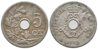 Бельгия 5 сантимов 1905 Belgie KM 55 медно-никель    4608-667