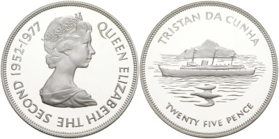 Тристан-да-Кунья 25 пенсов 1977 25 лет правления Елизаветы II, в оригинальной коробке KM 1а серебро PROOF 00-00