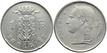 БЕЛЬГИЯ 1 ФРАНК 1951 BELGIE KM 143.1 медно-никель 4390-347