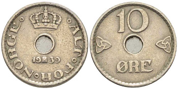 НОРВЕГИЯ 10 ЭРЕ 1939 ХОКОН VII (1905-1957) KM 383 медно-никель 116-1061