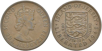 Джерси 1/12 шиллинга 1954 Елизавета II (1952-2022), освобождение Джерси 1945 KM 20 бронза 3996-512