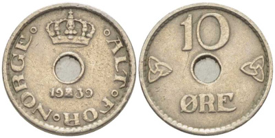НОРВЕГИЯ 10 ЭРЕ 1939 ХОКОН VII (1905-1957) KM 383 медно-никель 116-1061