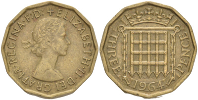 Великобритания 3 пенса 1964 Елизавета II (1952-2022) KM 900, Spink 4153 никель латунь 4556-514