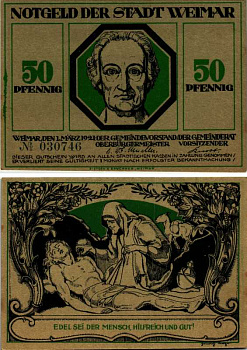 ВЕЙМАР, ГЕРМАНИЯ 50 ПФЕННИГОВ 1921 НОТГЕЛЬД, ЗЕМЛЯ ТЮРИНГИЯ, 1 МАРТА 1921, ЗЕЛЁНАЯ ARNOLD KELLER 1398.6 бумага UNC (ПРЕСС) 7551-32-4-2