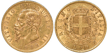 Италия 20 лир 1862 T, Виктор Эммануил II (1861 - 1878) KM 10 золото 00-822-26