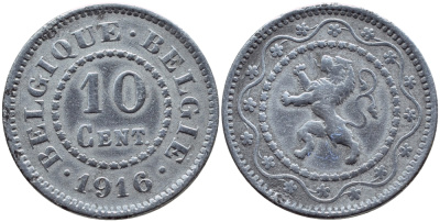 БЕЛЬГИЯ 10 САНТИМОВ 1916 НЕМЕЦКАЯ ОККУПАЦИЯ BELGIQUE BELGIE KM 81 цинк 86-1822