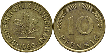 ФРГ 10 ПФЕННИГОВ 1969 J KM 108, J.383 сталь плакированная латунью 98-431
