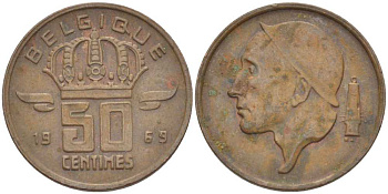 БЕЛЬГИЯ 50 САНТИМОВ 1969 BELGIQUE KM 148.1 бронза 4396-122