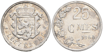 ЛЮКСЕМБУРГ 25 САНТИМОВ 1963 KM 45а.1 алюминий 4588-311