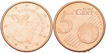 Кипр 5 евроцентов 2009 два муфлона KM 80 сталь плакированная медью UNC 100-1124