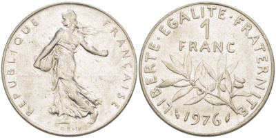 ФРАНЦИЯ 1 ФРАНК 1976 СЕЯТЕЛЬ KM 925.1, LE FRANC 226.21 никель 217-1123