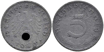 ГЕРМАНИЯ 5 РЕЙХСПФЕННИГОВ 1940 E KM 100, J. 370 цинк 105-231