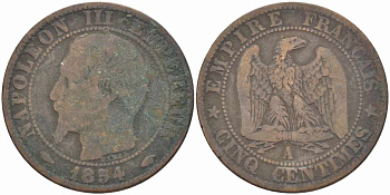 ФРАНЦИЯ 5 САНТИМОВ 1854 A, НАПОЛЕОН III (1852-1870) KM 777.1, LE FRANC 116.8 бронза 108-247