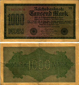 ГЕРМАНИЯ 1000 МАРОК 1922 15 СЕНТЯБРЯ 1922, ВОДЯНОЙ ЗНАК I, ЖЕЛТАЯ БУМАГА, СЕРИЯ XВ Pick 76b, Rosenberg 75d бумага 7183-63-1-1