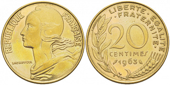 ФРАНЦИЯ 20 САНТИМОВ 1963 KM 930 медь алюминий никель 113-1212