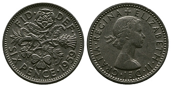 Великобритания 6 пенсов 1959 Елизавета II (1952-2022) KM 903, Spink 4149 медно-никель 4381-723