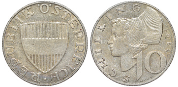Австрия 10 шиллингов 1958 KM 2882 серебро 4178-1141