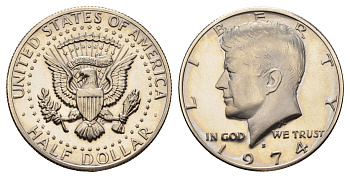 США 1/2 доллара (50 центов) 1974 S, Джон Кеннеди KM 202b медь плакированная медно-никелем PROOF 1525-141