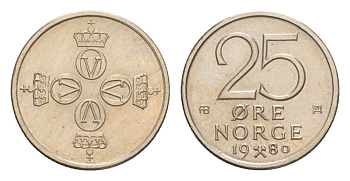 Норвегия 25 эре 1980 Улаф V (1957-1991) KM 417 медно-никель UNC 4632-1253