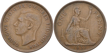 Великобритания 1 пенни 1937 Георг VI (1936-1952) KM 845, Spink 4114 бронза 4574-121