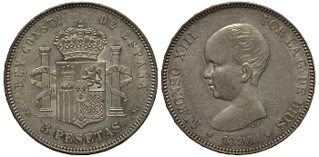 Испания 5 песет 1890 (90) MP-M, Альфонсо XIII KM 689 aUNC серебро 00-804-49