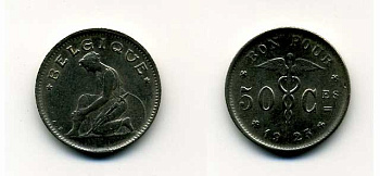 БЕЛЬГИЯ 50 САНТИМОВ 1923 BELGIQUE KM 87 никель 46-721