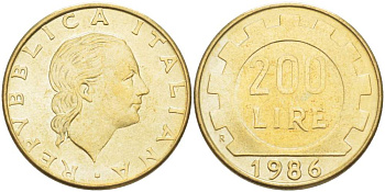 Италия 200 лир 1986 R, шестерня KM 105 алюминиевая бронза 4523-833