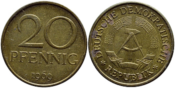 ГДР 20 пфеннигов 1969 А, первый год KM 11 латунь UNC 4397-421