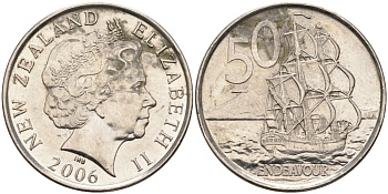 Новая Зеландия 50 центов 2006 Елизавета II (1952-2022), парусник Индевор KM 119а никелированная сталь 4579-1056
