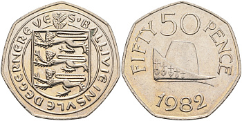 Гернси 50 пенсов 1982 герцогская шапка герцога Нормандии KM 34 медно-никель XF-UNC 4583-534