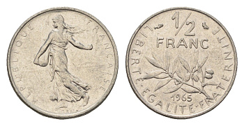 Франция 1/2 франка 1965 сеятель KM 931.1 никель 4674-619