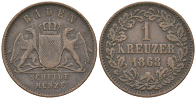Баден 1 крейцер 1868 KM 242 медь 4615-838