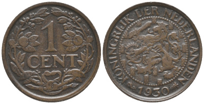 НИДЕРЛАНДЫ 1 ЦЕНТ 1930 ВИЛЬГЕЛЬМИНА (1890-1948) KM 152 бронза 100-852